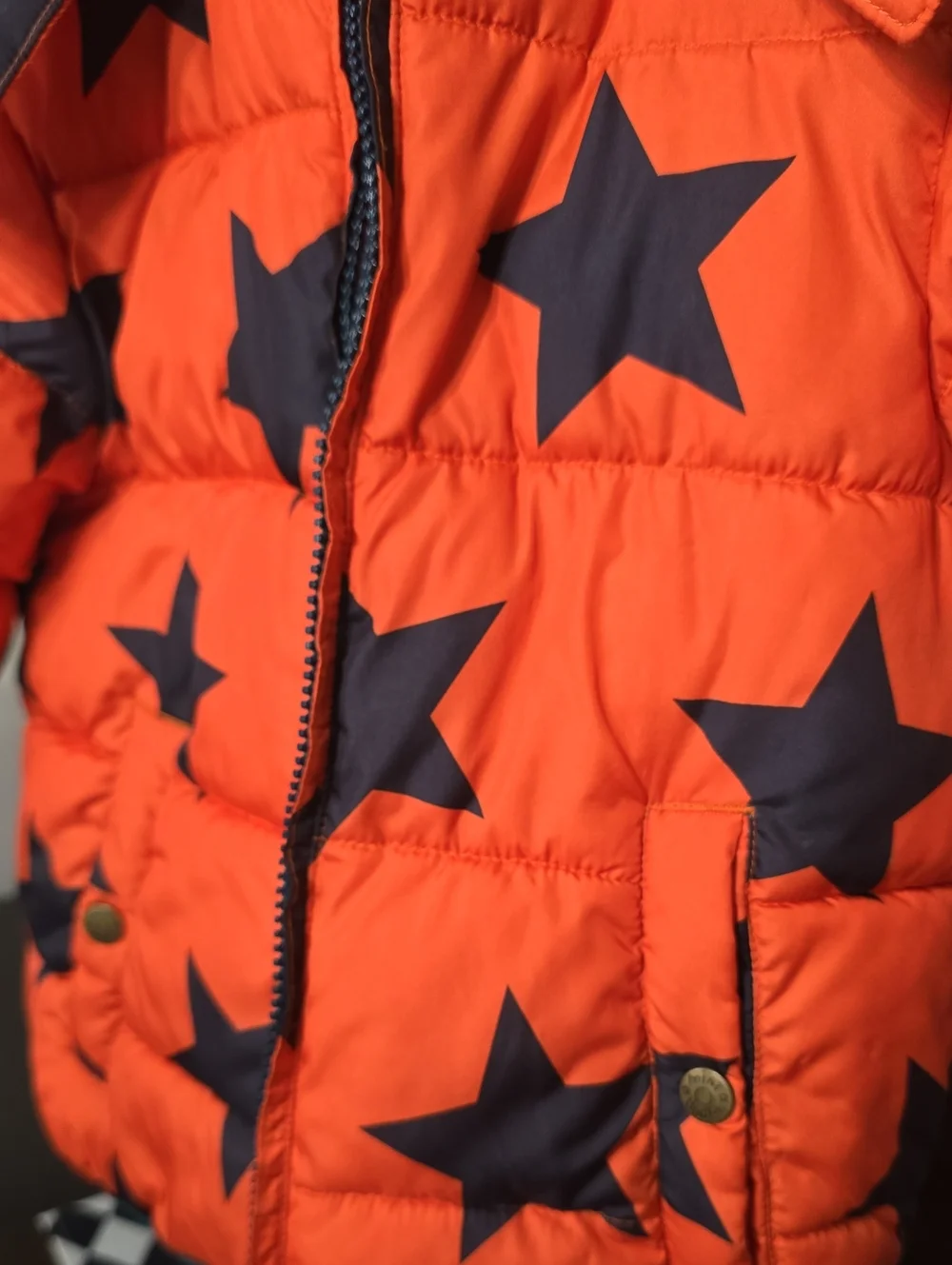 Mini Boden Orange Winter Coat Puffer Jacket with Navy Star Print 3 4